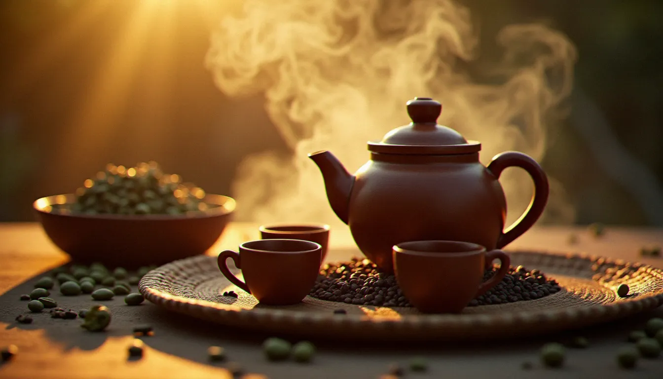 Cérémonie du café éthiopien avec jebena en terre cuite et petites tasses, symbolisant les rituels de la cuisine et de la culture éthiopienne