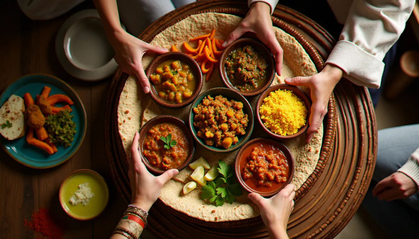 Table éthiopienne traditionnelle avec injera et plats de cuisine éthiopienne servis sur une mesob en osier à Addis-Abeba