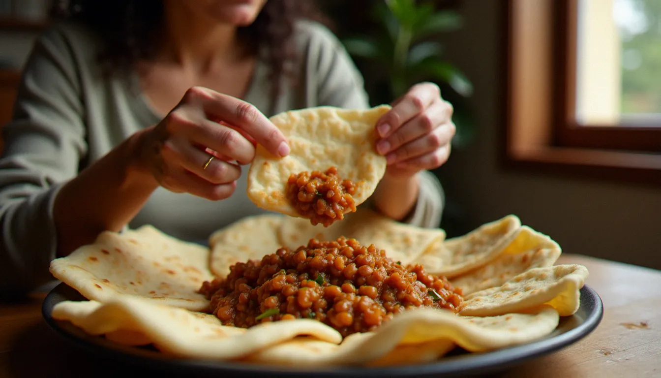Mains féminines déchirant l'injera pour attraper un ragoût de lentilles misir wot lors d'un repas éthiopien communautaire, lumière naturelle
