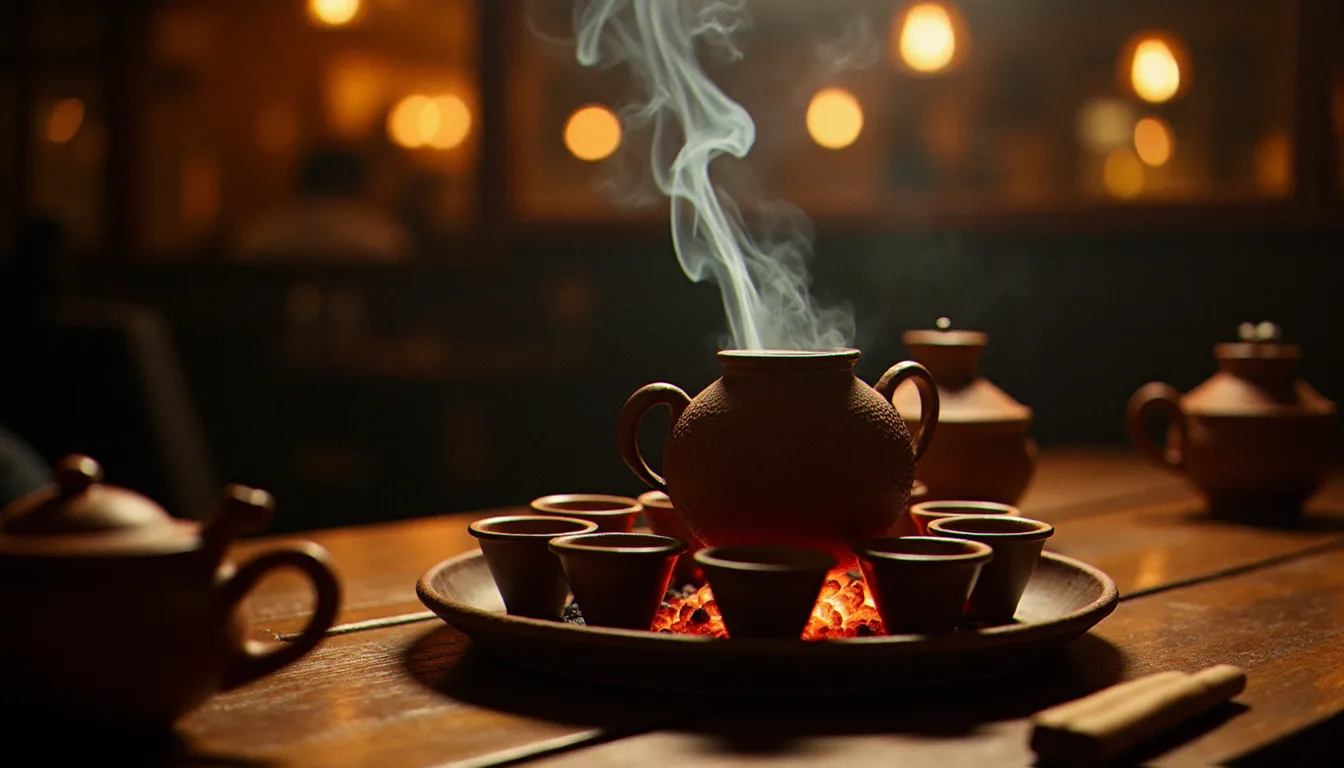 Cérémonie du café éthiopien avec jebena en argile et petites tasses, fumée d'encens dans l'atmosphère tamisée d'un restaurant éthiopien à Paris