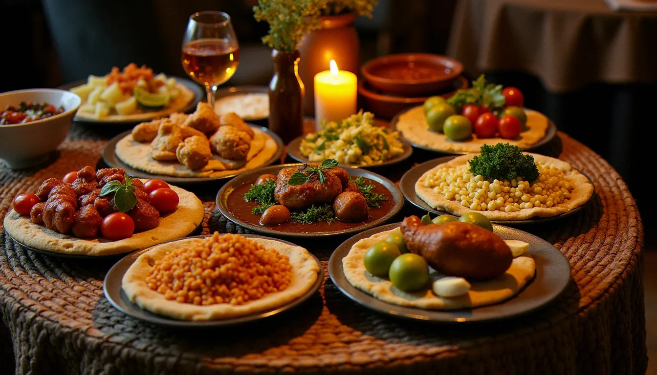 Table éthiopienne traditionnelle avec injera et plusieurs wots colorés servis dans un restaurant éthiopien à Paris, éclairée à la bougie
