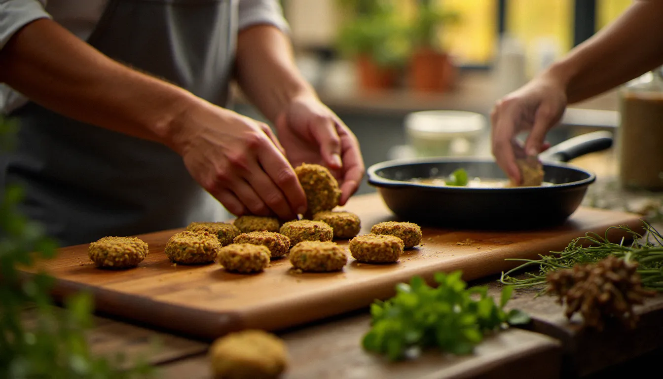 Un chef prépare des boulettes de falafel à la main dans une cuisine ouverte, reflet de l'artisanat culinaire au cœur de la gastronomie israélienne
