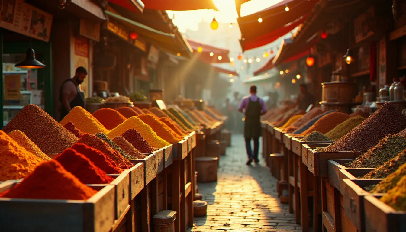 Le marché Carmel de Tel Aviv au coucher du soleil, avec ses étals colorés d'épices — sumac, zaatar, safran — symboles de la richesse aromatique de la gastronomie israélienne