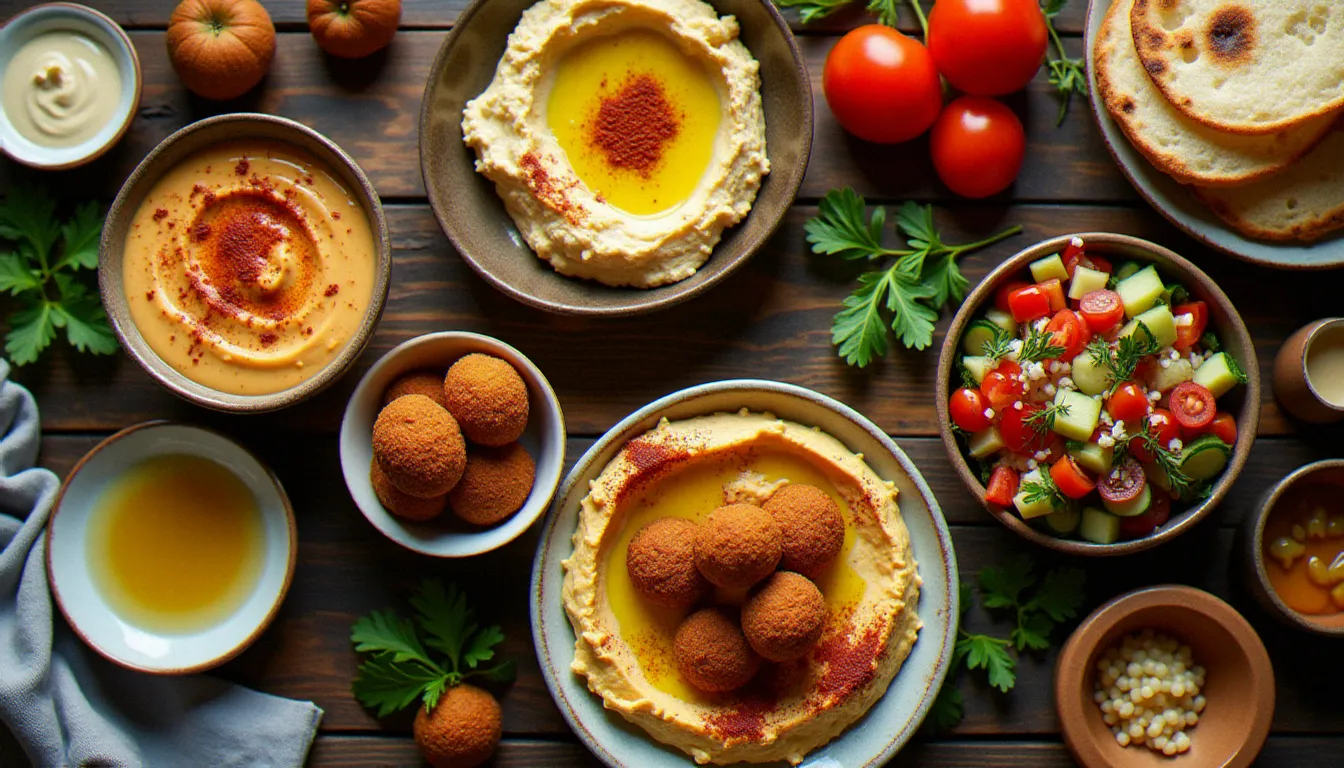 Assortiment de plats de gastronomie israélienne traditionnelle — hummus, falafel, pita et mezze — servis sur une table en bois dans un style levantine authentique