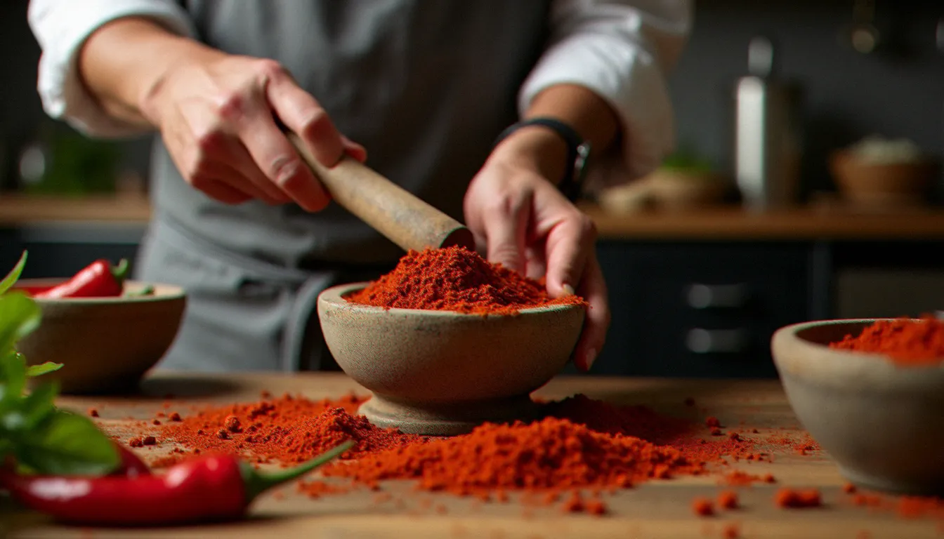 Chef éthiopien préparant le mélange d'épices berbéré maison dans un mortier en pierre, ingrédients essentiels de la cuisine éthiopienne authentique
