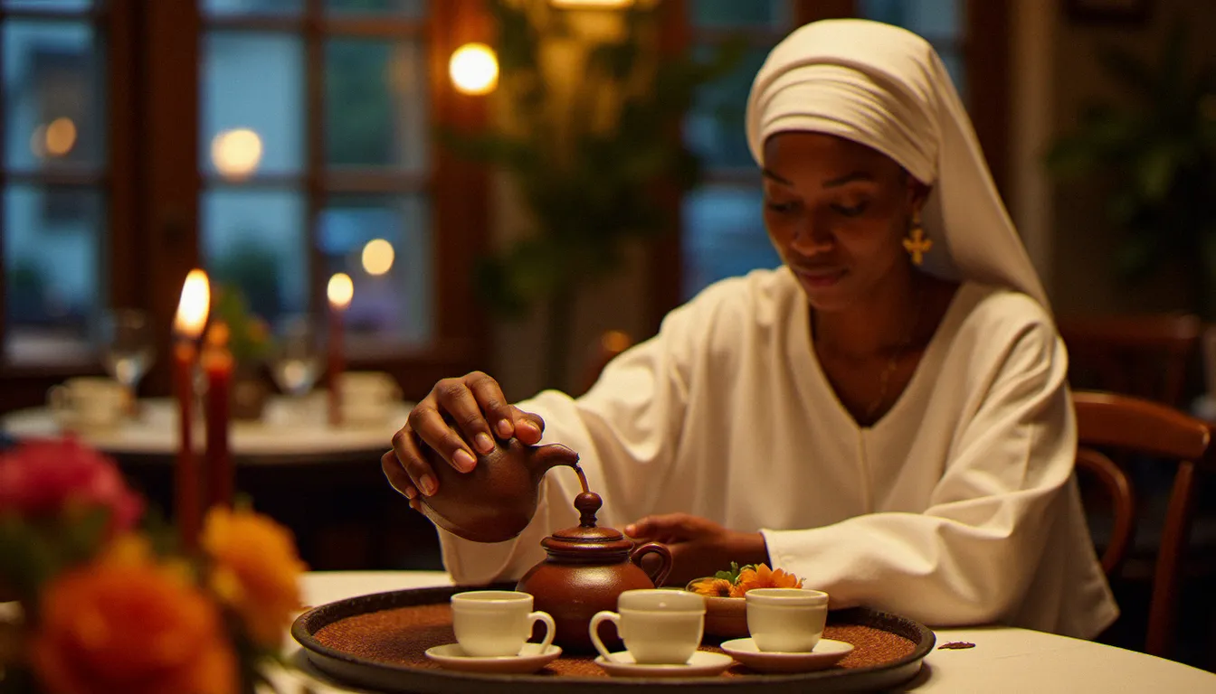 Cérémonie traditionnelle du café éthiopien buna avec une jebena en terre cuite et des petites tasses, ambiance chaleureuse dans un restaurant éthiopien de Paris