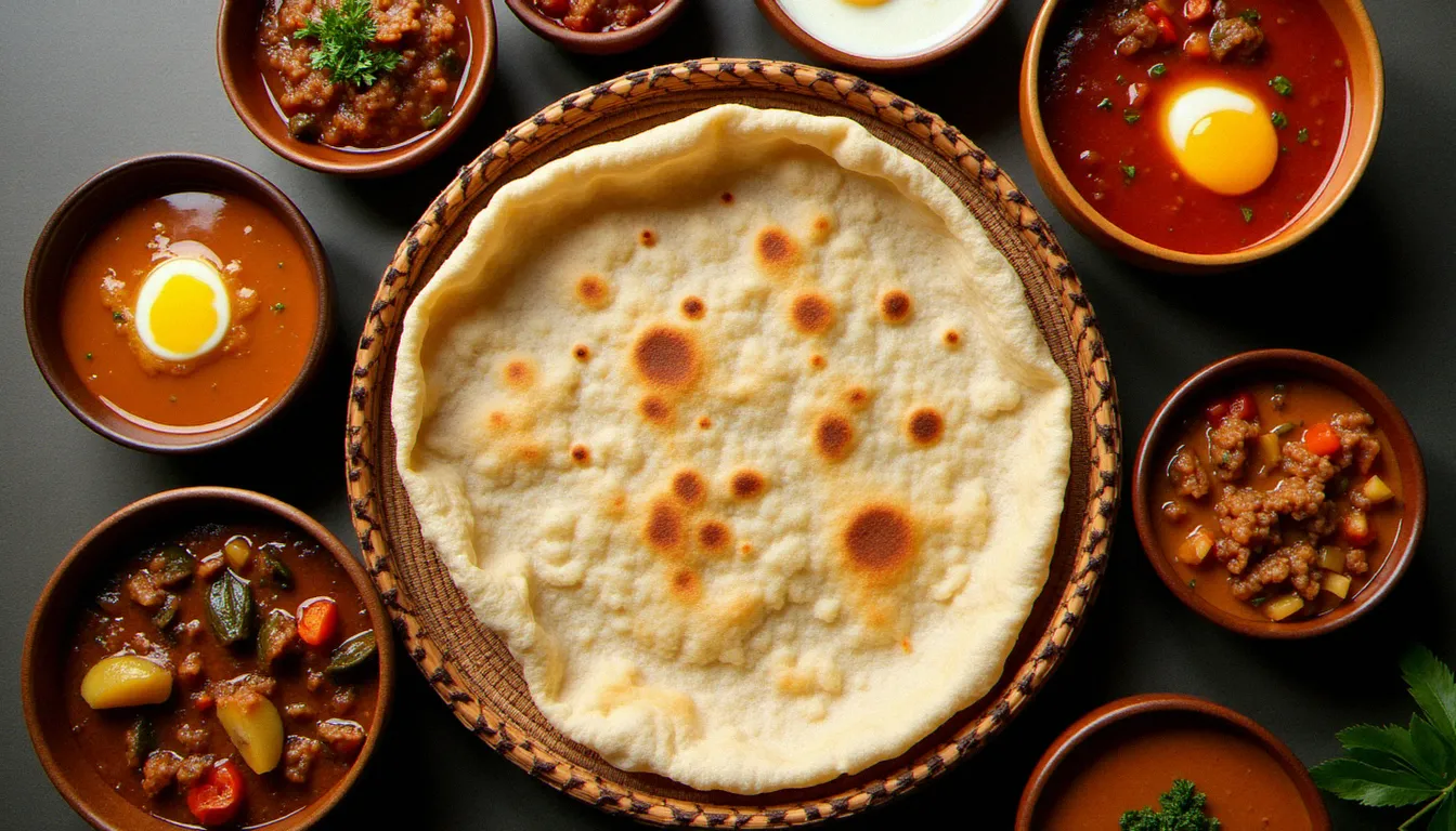 Plateau traditionnel éthiopien avec injera et différents plats comme le doro wat et le misir wat, servi dans un restaurant éthiopien à Paris