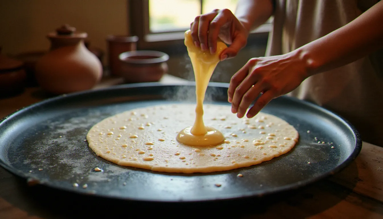 Femme préparant de l'injera en versant la pâte de teff fermentée sur une plaque traditionnelle, étape clé de la cuisine éthiopienne