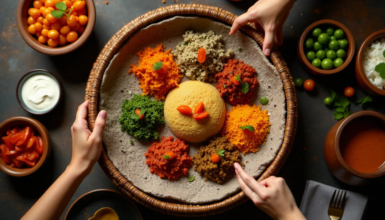 Grand plateau de nourriture éthiopie traditionnel avec injera et plusieurs ragoûts colorés, servi à la manière communautaire sur une table en bois à Addis-Abeba
