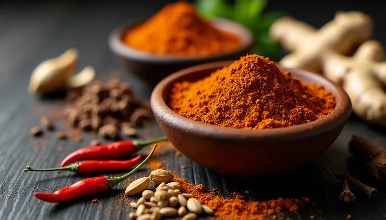Bol de berbéré entouré des épices qui composent ce mélange fondamental de la cuisine éthiopienne