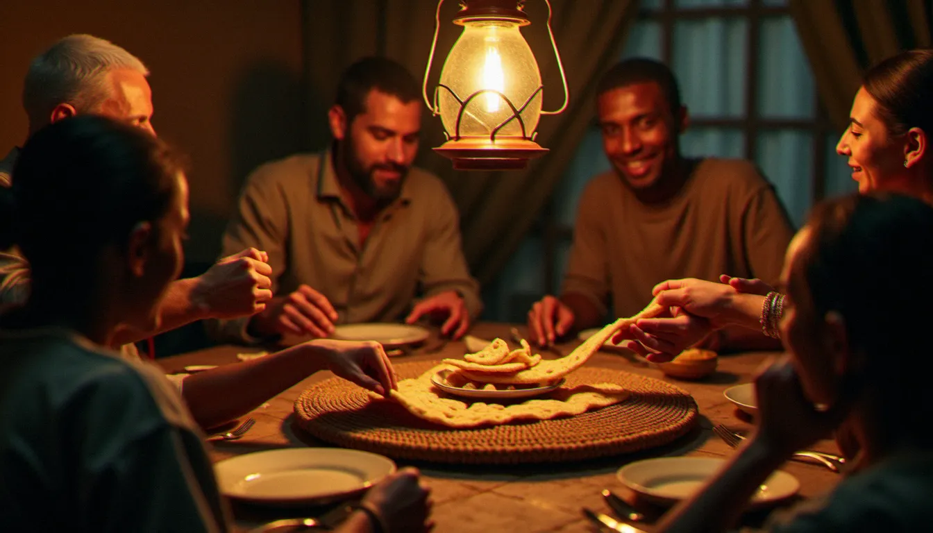 Famille éthiopienne partageant un repas traditionnel autour d'un mesob, illustrant le rituel du repas collectif dans la culture éthiopienne