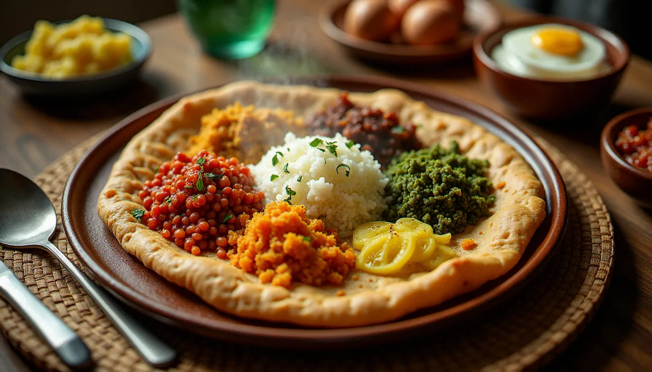 Grande table éthiopienne traditionnelle avec injera et plusieurs wats colorés représentant la nourriture éthiopienne authentique