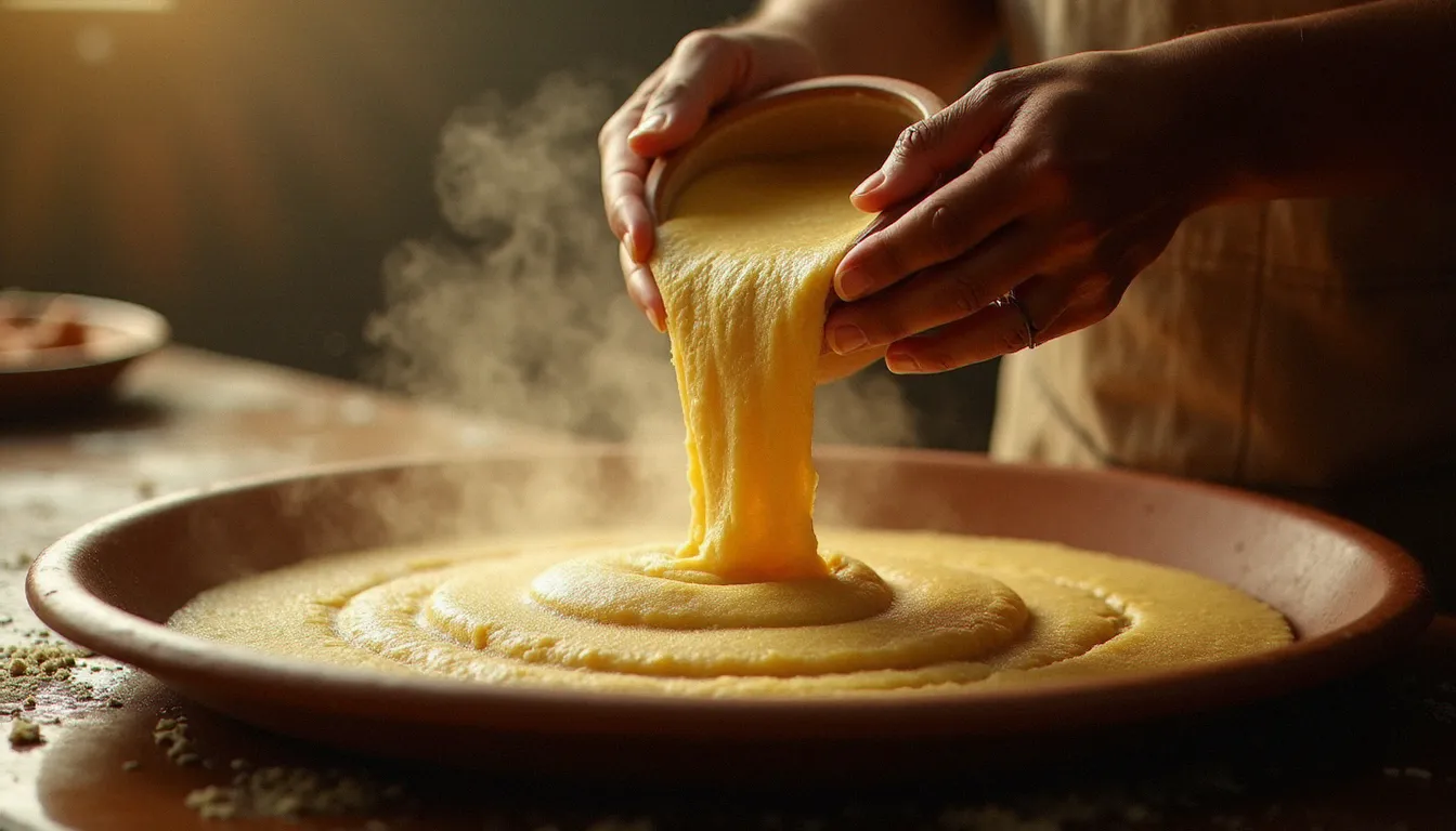 Préparation de l'injera éthiopienne sur une plaque mitad en argile, pâte de teff fermentée versée à la main dans une cuisine traditionnelle