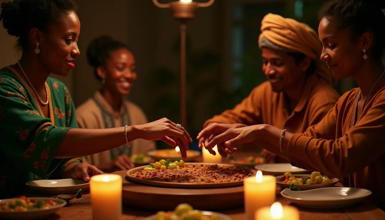 Repas éthiopien partagé en famille avec le geste du gursha, mains tendues vers un plateau central d'injera et de wats