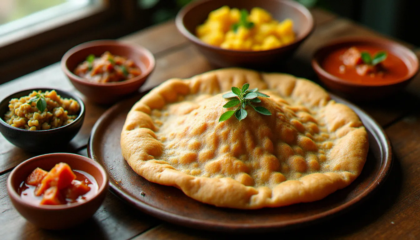 Grand plateau éthiopien traditionnel avec injera et plusieurs plats comme le doro wat et le misir wat, vus de dessus