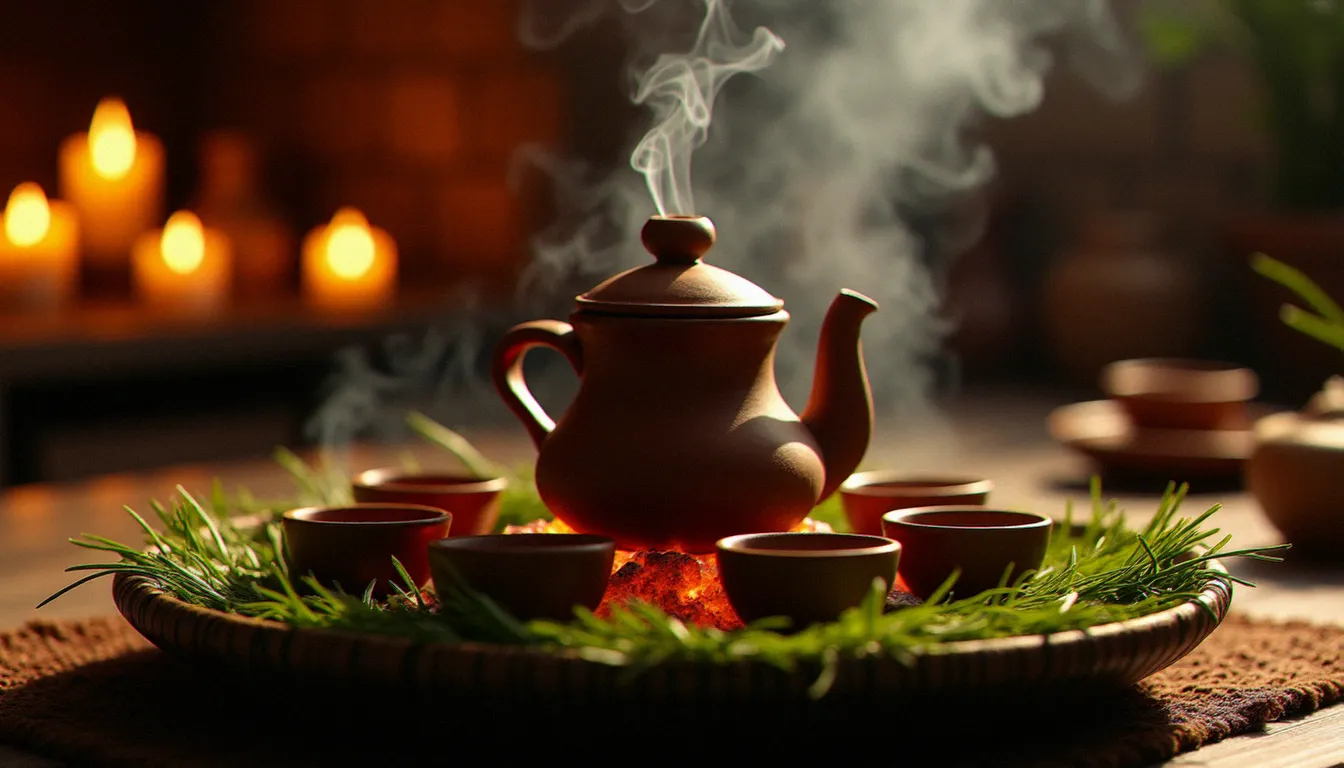 Cérémonie du café éthiopienne avec une jebena en argile sur des braises et de petites tasses traditionnelles sur plateau