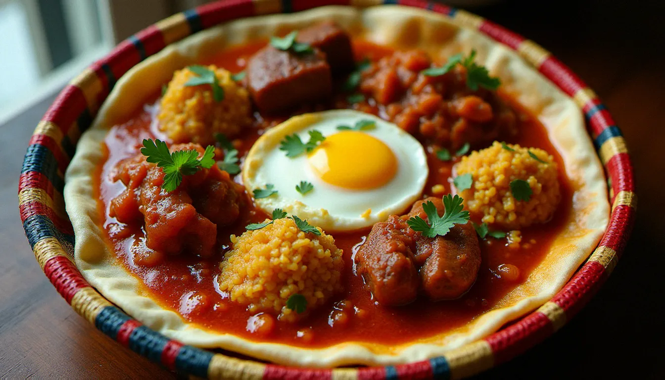 Plateau de plat éthiopien traditionnel avec injera et plusieurs wat colorés servis sur un mesob tressé