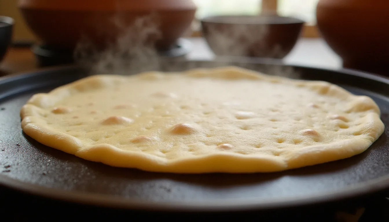 Cuisson de l'injera sur une mitad ronde en argile, avec la vapeur qui se dégage et la texture spongieuse caractéristique visible à la surface de la galette de teff