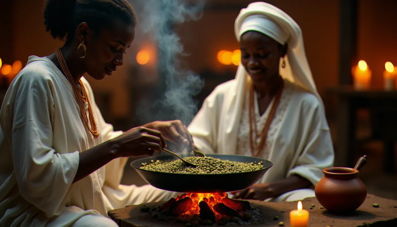 Cérémonie du café éthiopienne avec une femme en tenue traditionnelle habesha torréfiant des grains verts sur des braises, avec une jebena en argile et de l'encens fumant à côté