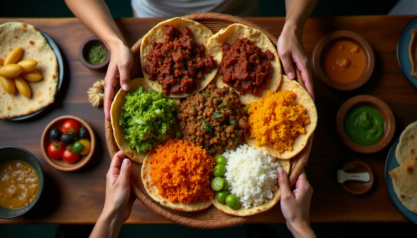 Plateau de repas éthiopien traditionnel vu de dessus, avec une injera garnie de plusieurs wot colorés dont doro wot et misir wot, posée sur un mesob tressé