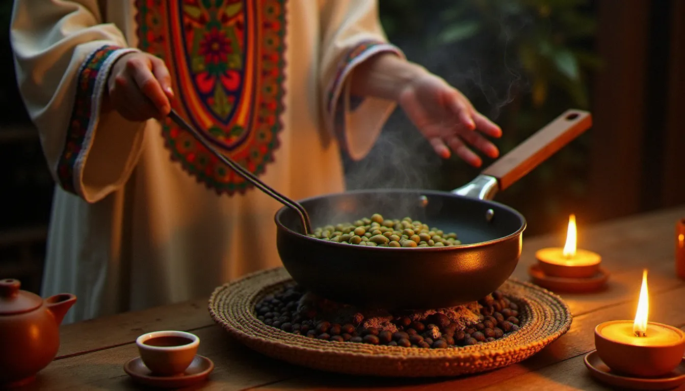 Cérémonie du café éthiopien avec torréfaction traditionnelle des grains verts dans un restaurant éthiopien, jebena en terre cuite et petites tasses sans anse sur plateau tressé