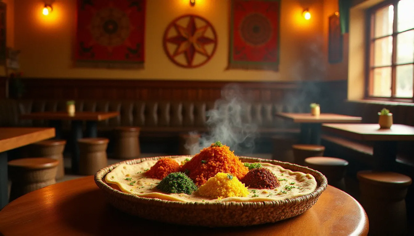 Plateau traditionnel de restaurant éthiopien avec injera et plusieurs ragoûts colorés dont lentilles au berbéré et wot de pois chiches, servi sur un mesob tressé