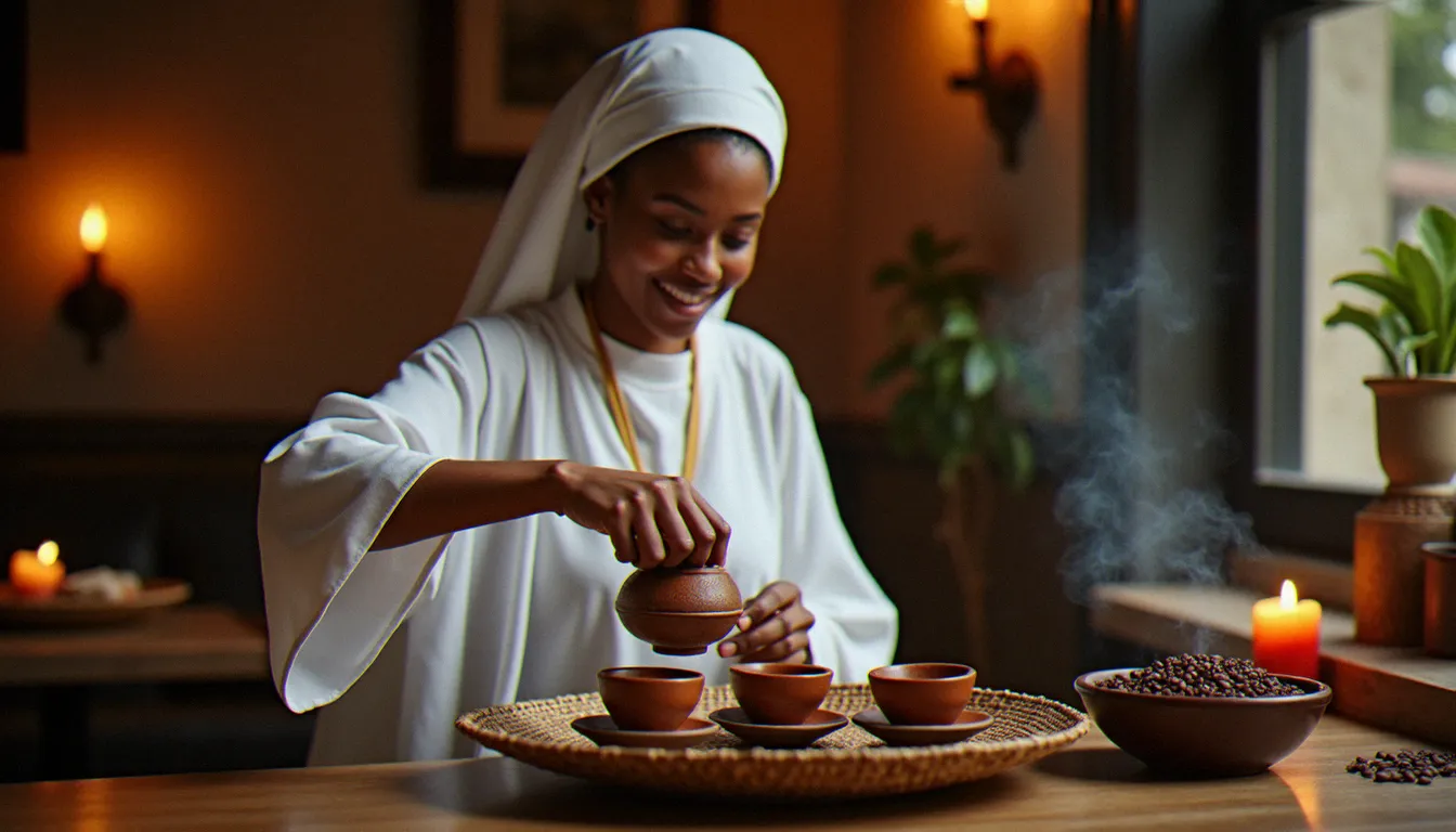 Cérémonie du café éthiopien avec jebena en argile et tasses traditionnelles dans un cadre de restaurant chaleureux
