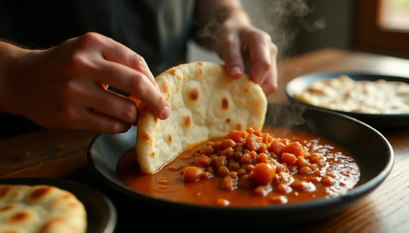Geste traditionnel de dégustation de l'injera éthiopienne avec misir wot, illustrant le partage communautaire caractéristique de la cuisine éthiopienne