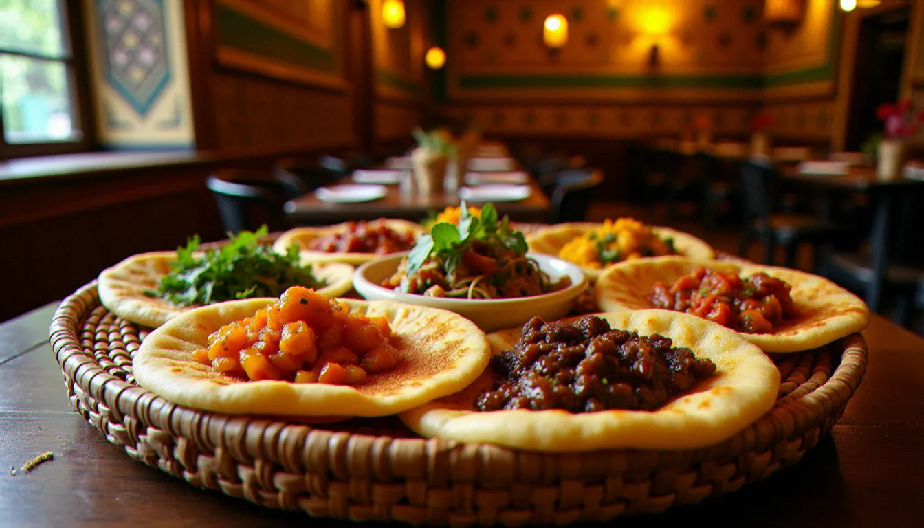 Table traditionnelle éthiopienne avec injera et wot variés dans un restaurant éthiopien à Paris 17, éclairage chaleureux et décor authentique