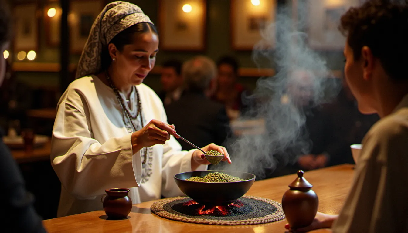 Cérémonie du café éthiopien buna réalisée par une femme en tenue traditionnelle dans un restaurant éthiopien à Paris