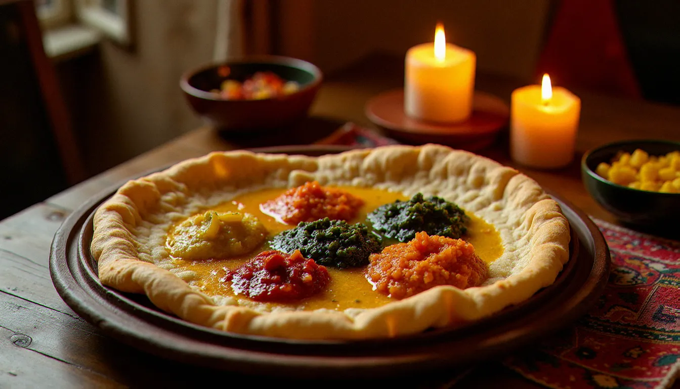 Grand plateau éthiopien traditionnel présenté dans un restaurant paris ethiopien, avec injera et wots colorés à la lumière de bougies