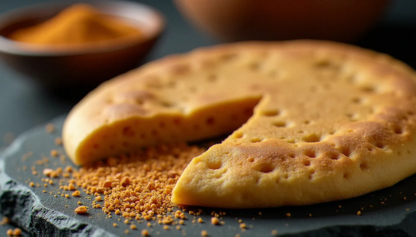 Gros plan sur une galette d'injera fraîche à texture spongieuse posée sur une surface en pierre sombre, à côté de grains de teff brut et d'un bol de berbéré