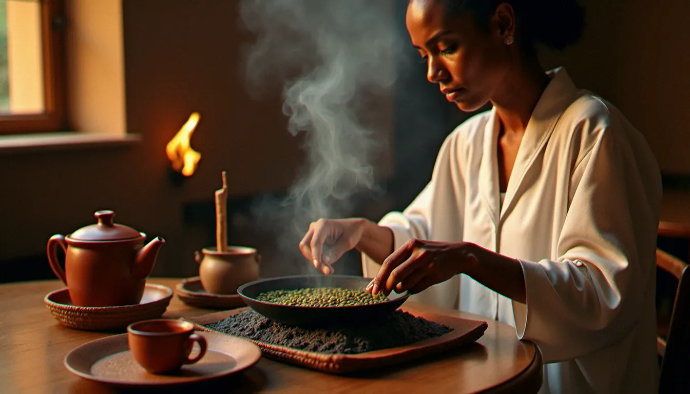 Cérémonie du café éthiopien dans un restaurant, femme en robe traditionnelle habesha torréfiant des grains verts sur braises avec un jebena en argile et des petites tasses sans anse