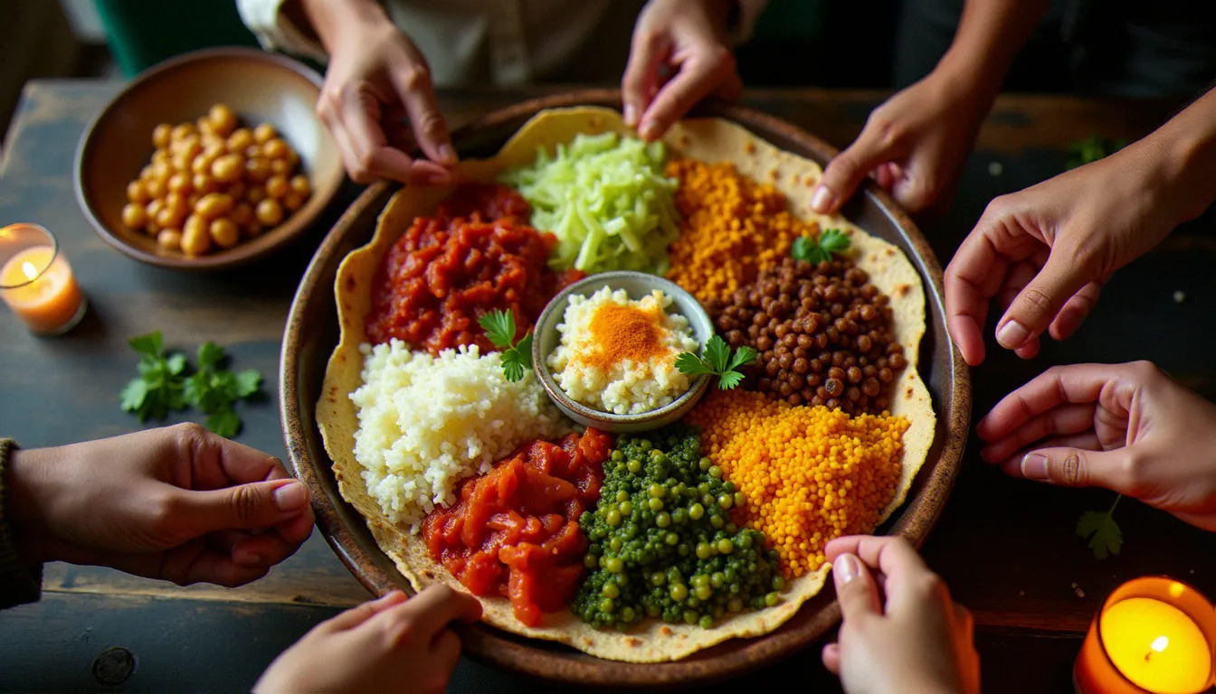 Grand plateau de restaurant éthiopien traditionnel avec injera et plusieurs wats colorés servis sur un mesob tressé, autour duquel des convives partagent le repas à la main