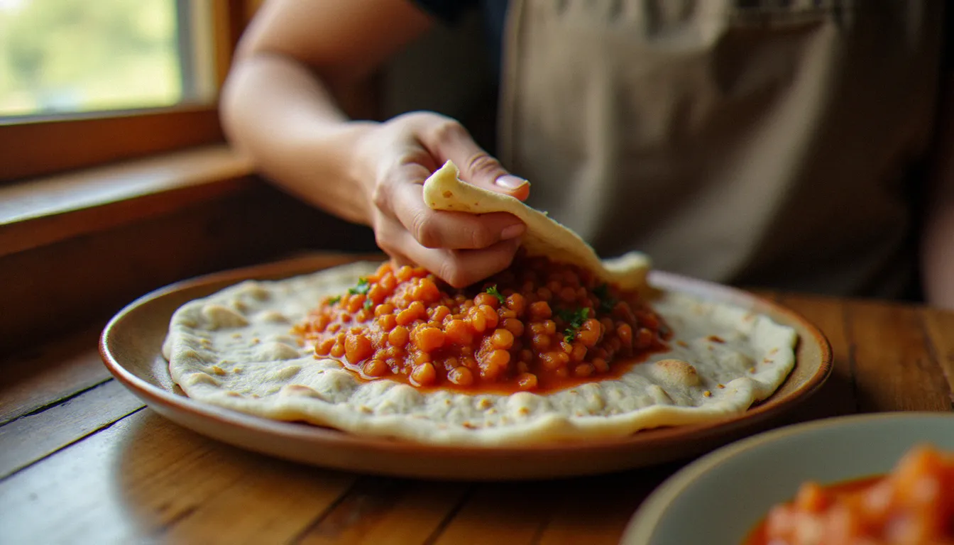 Geste traditionnel de dégustation dans un restaurant éthiopien parisien, main déchirant l'injera pour saisir le misir wot aux lentilles