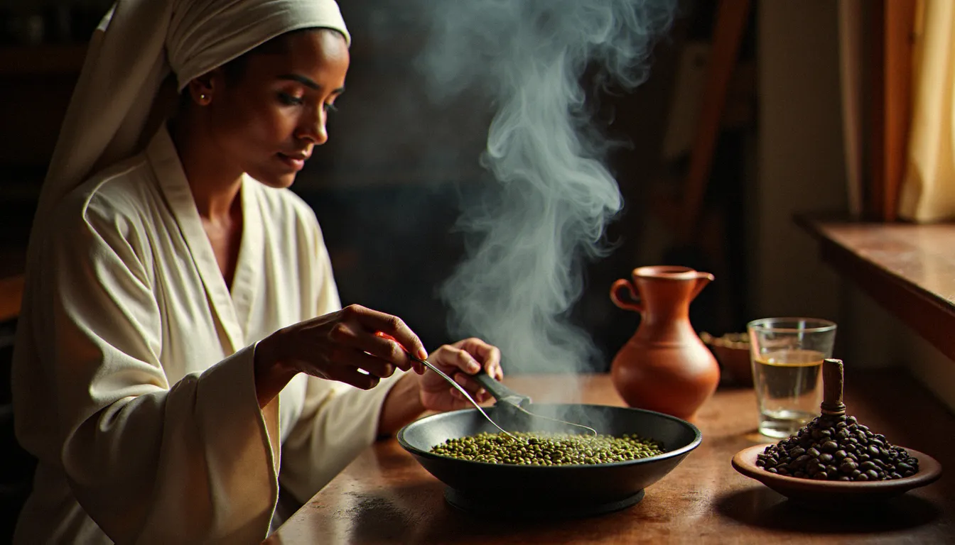 Cérémonie du café éthiopien bunna dans un resto éthiopien à Paris, torréfaction traditionnelle des grains dans un jebena en argile