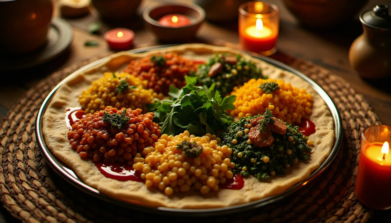 Plat éthiopien traditionnel partagé dans un resto éthiopien à Paris, avec injera et wot colorés disposés sur plateau rond