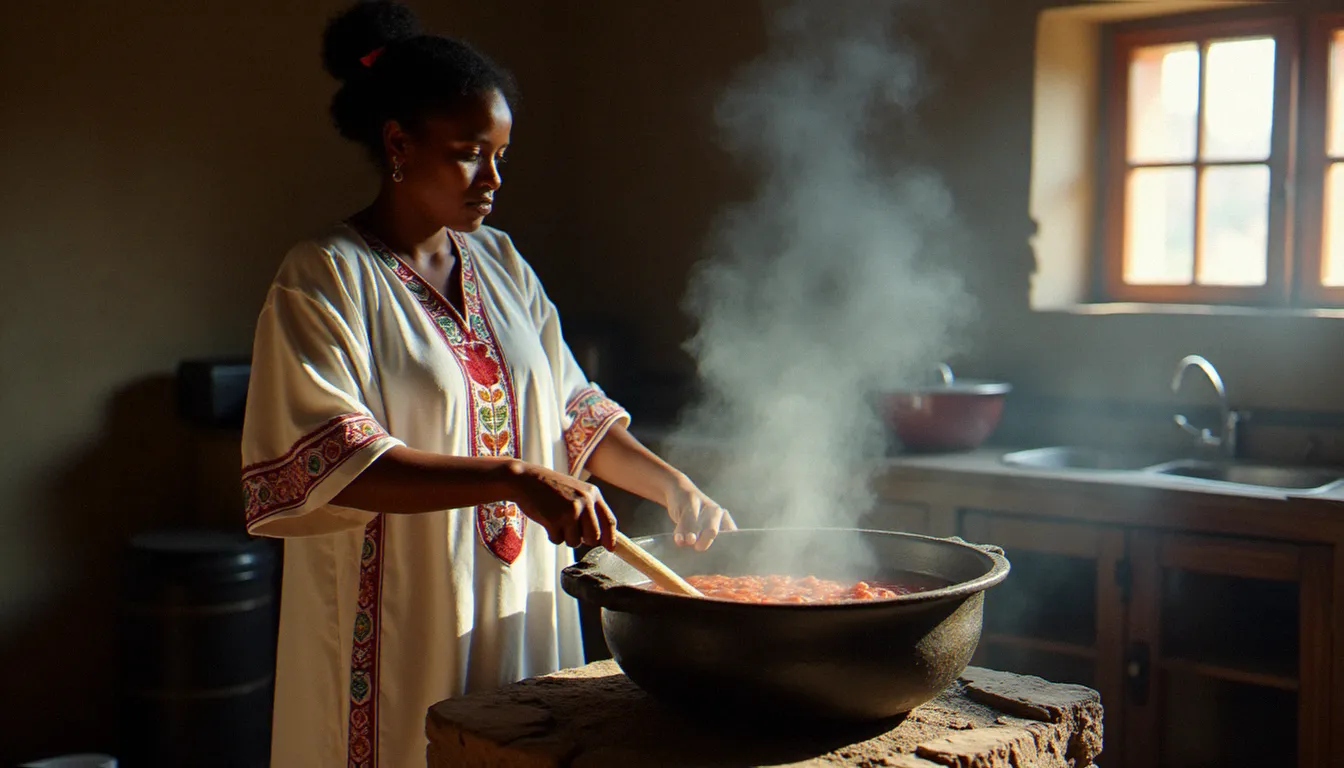 Femme éthiopienne en tenue traditionnelle remuant un doro wat mijoté avec du berbère dans une cuisine d'Addis-Abeba