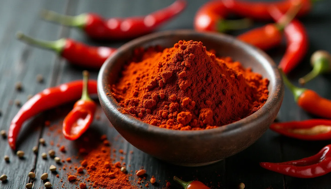 Bol en terre cuite rempli de mélange berbère, épice rouge profonde de la cuisine éthiopienne, entouré de piments séchés et de korarima sur bois sombre