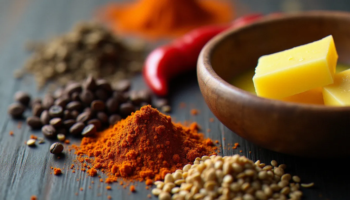 Épices éthiopiennes sur table en bois : berbéré, cardamome noire, piments séchés et niter kibbeh, ingrédients fondamentaux de la cuisine éthiopienne