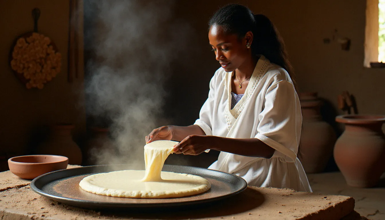 Femme éthiopienne en tenue traditionnelle versant la pâte d'injera sur une mitad en terre cuite, illustrant la fabrication artisanale de ce pain emblématique de la cuisine éthiopienne