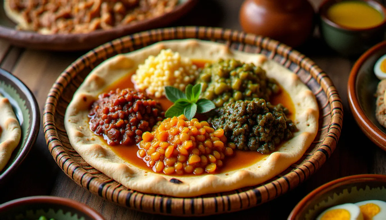 Table éthiopienne traditionnelle avec injera et plusieurs wot servis sur un mesob, illustrant la cuisine éthiopienne partagée
