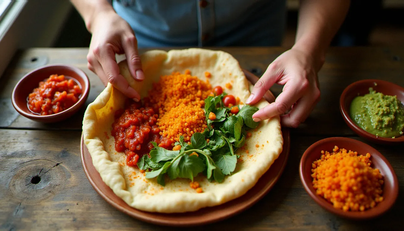 Repas éthiopien traditionnel avec injera et différents wot servis dans des bols en argile, prêt à être partagé à la main