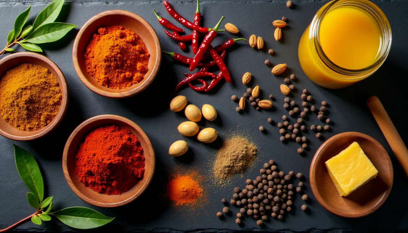 Mélange d'épices éthiopiennes berbéré et mitmita avec cardamome, piments séchés et niter kibbeh disposés sur ardoise, ingrédients clés d'un cours de cuisine éthiopienne