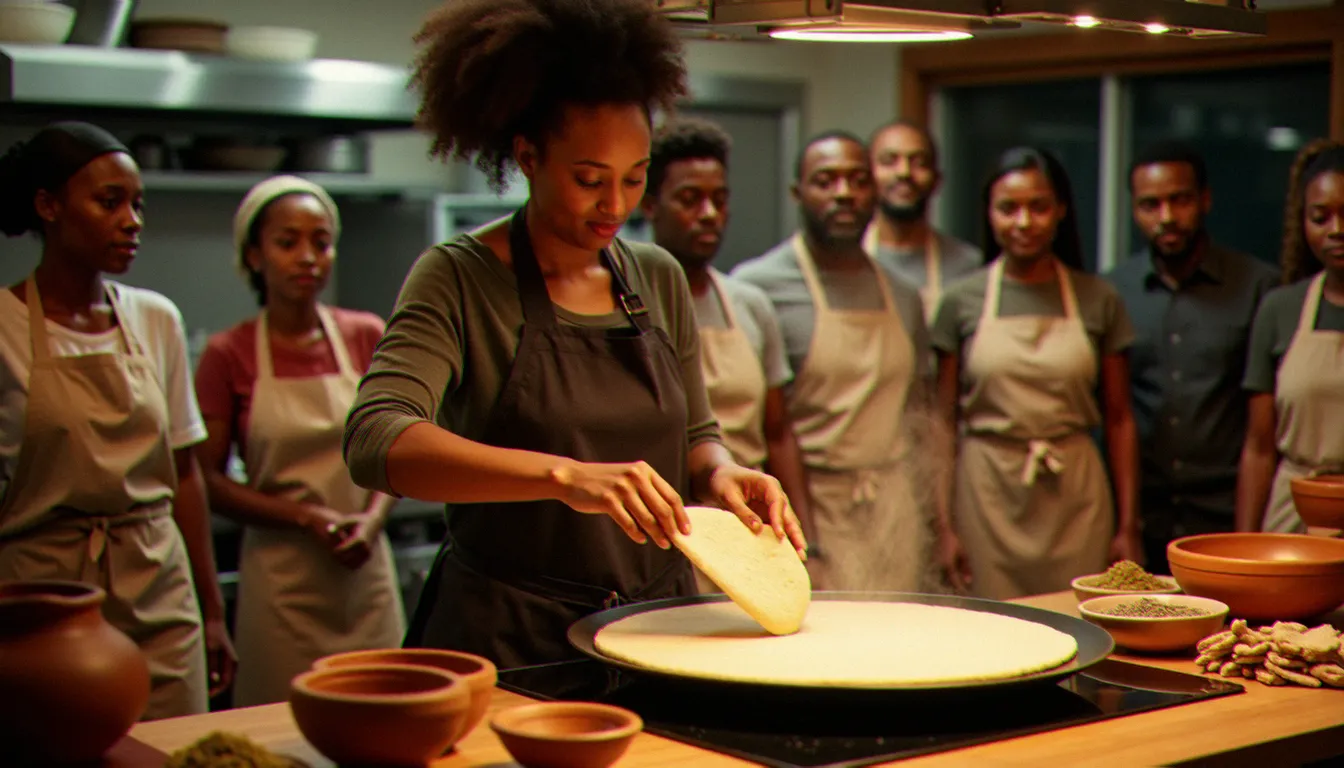 Cours de cuisine éthiopienne animé par une formatrice montrant la technique de cuisson de l'injera sur une plaque traditionnelle