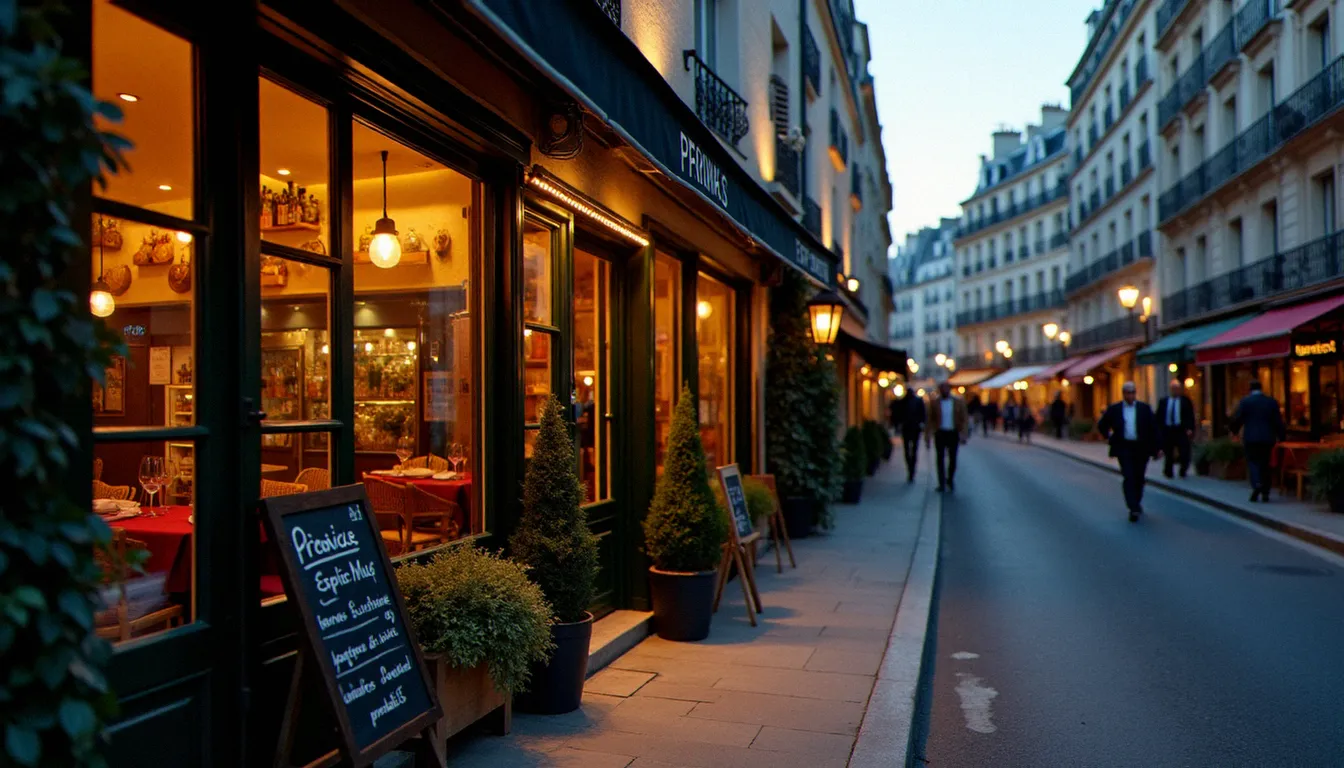Devanture d'un restaurant africain dans une rue du 15e arrondissement de Paris au crépuscule, illustrant la concentration de cuisines africaines dans le 75015