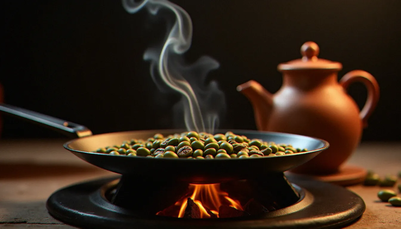 Cérémonie du café éthiopien avec torréfaction de grains verts sur braise et cafetière jebena en terre cuite, tradition culinaire éthiopienne authentique