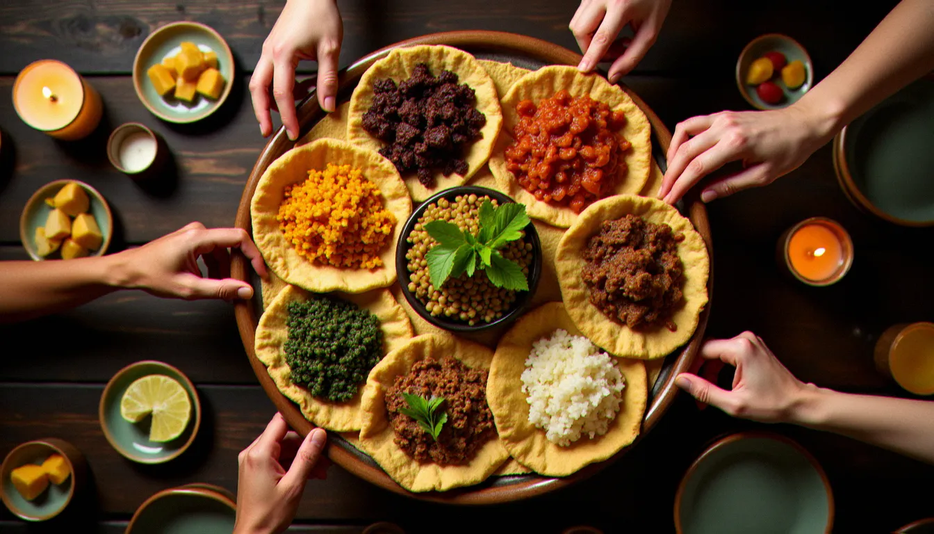 Plateau éthiopien traditionnel partagé dans un restaurant du 75015, avec injera et différents wats colorés représentant la cuisine afrique de l'ouest et éthiopien