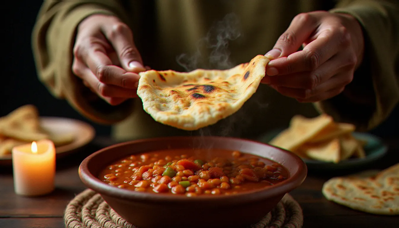 Mains déchirant une galette d'injera de teff au-dessus d'un bol de misir wot, illustrant la façon traditionnelle de manger éthiopienne et les calories de l'injera