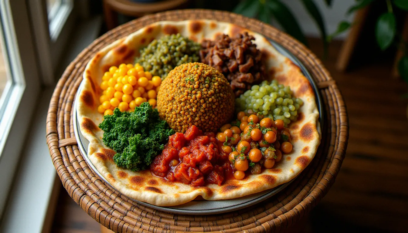 Plateau traditionnel éthiopien beyaynetu avec injera et différents plats illustrant la diversité de la cuisine éthiopienne et ses calories variées selon les préparations